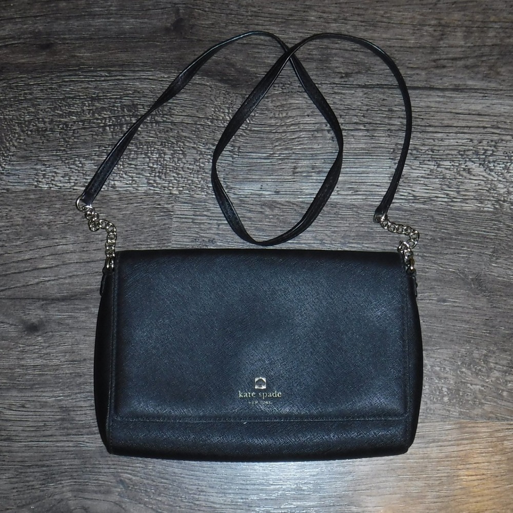 Kate Spade Black Saffiano Leather Crossbody Bag with Gold Chain